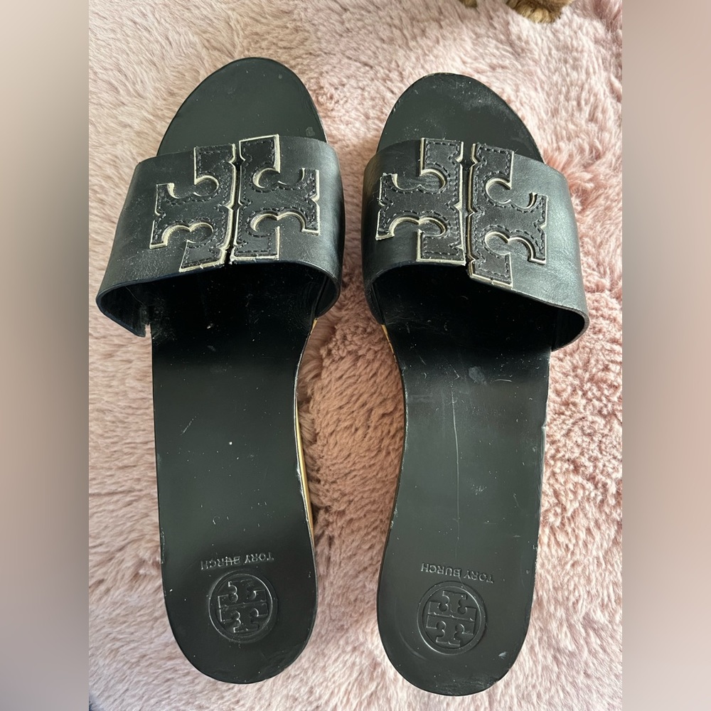 Tory Burch Leather/ wooden platform slides